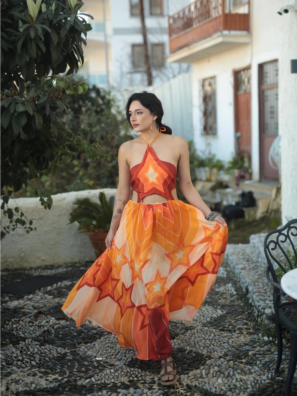 NWOT FARM Rio Orange and Yellow Star-Print Halter Maxi Dress - Picture 7 of 15